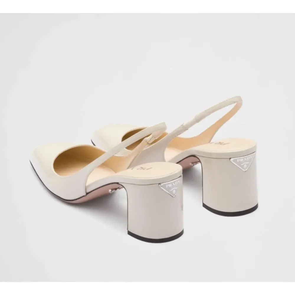 Prada Triangle Logo Patent Leather Slingback Pumps Ivory 40 - Picture 3 of 15